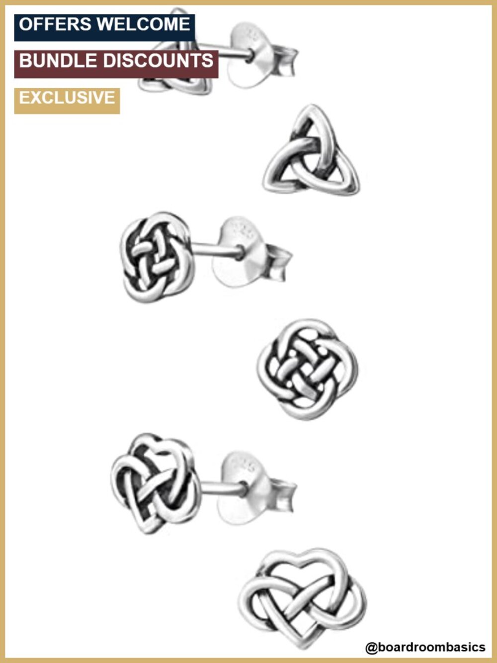 925 Sterling Silver Set of 3 Pairs Stud Earrings Heart Knot Cross Triangle